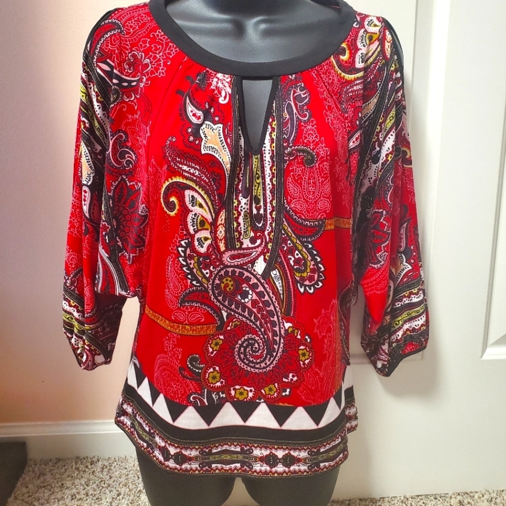 New York & Company Cold Shoulder Paisley Top